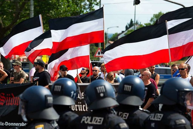 Kassel: Anhnger der rechtsextremen Kl...i der Demonstration ihre Fahnen wehen.  | Foto: Swen Pfrtner (dpa)