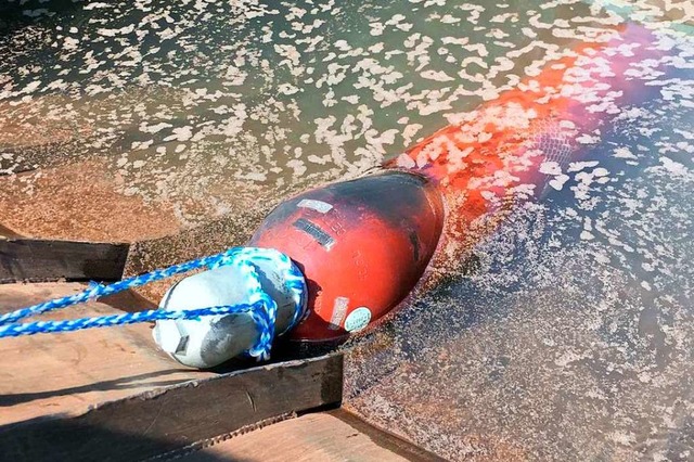 Die Acetylengasflasche wurde von der F...Wasser gefllten Container  abgekhlt.  | Foto: Feuerwehr Gottenheim