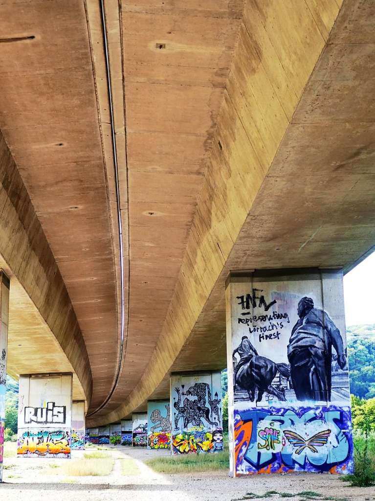 Nicht nur Autobahnbrcke , sondern auch Kunstgalerie : Die Wiesentalbrcke in Lrrach.