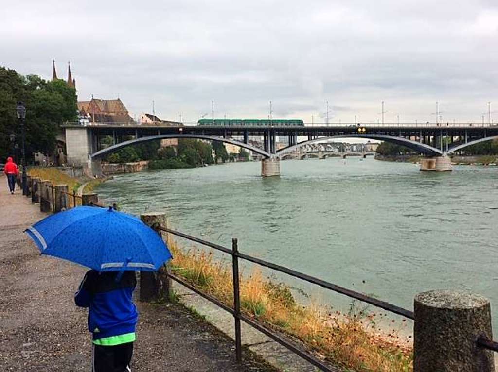 Z‘Basel an mym Rhy: Wettsteinbrcke mit grner Tram und Enkel mit blauem Regenschirm.