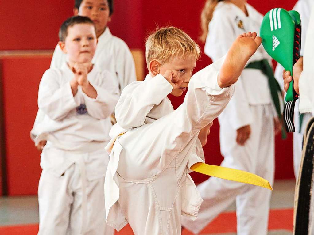 Kinder lernen Taekwondo, eine koreanische Kampfkunst.