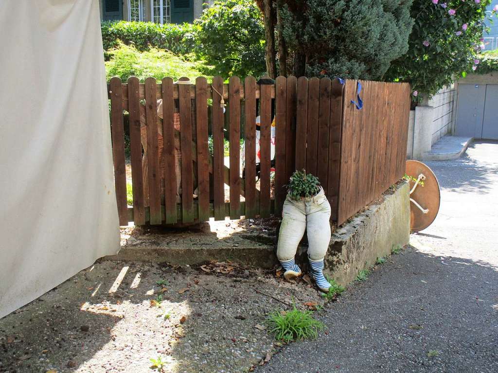 Kleines einfaches Latten-Gartentrlein nebenan dekoriert mit lustig bepflanzen Hosenbeinen, gesehen am Mnsterplatz in Binningen BL. "Bepflanzte Beine laufen hier empor, - zum Einmarschieren durch das braune Lattentor"!