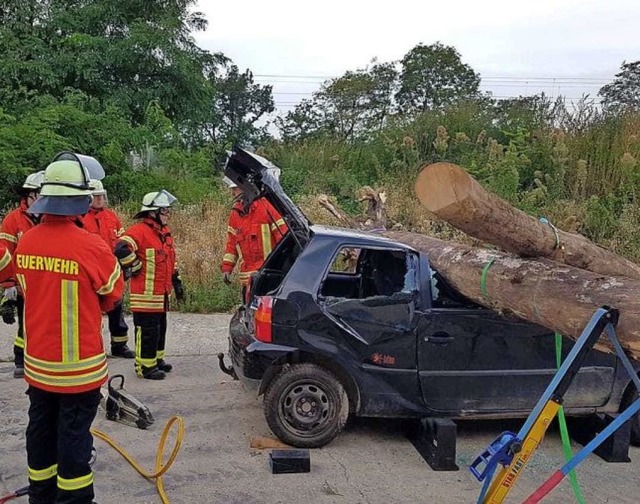 Realistische bung: Die Einsatzkrfte ... unter Bumen begrabenes Auto bergen.   | Foto: Feuerwehr Efringen-Kirchen