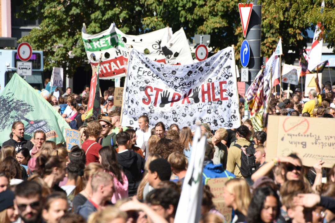In Freiburg versammeln sich tausende Menschen für den Klimastreik.  | Foto: Rita Eggstein
