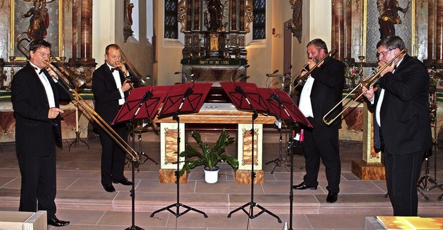 Das Posaunenquartett Opus 4 aus Leipzig beim Konzert in der Nordweiler Kirche  | Foto: Michael Haberer