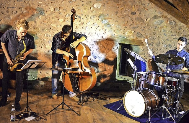 Jazztrio mit Fabian Willmann (von link...depriem in der Staufener Zunftscheuer   | Foto: Gabriele Hennicke