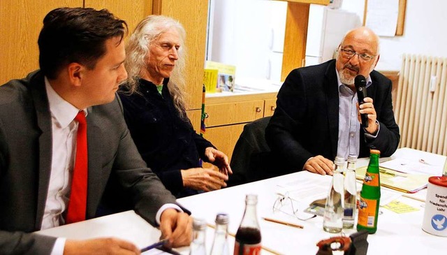 Jrgen Grsslin (rechts) und Johannes ... Lahrer  Friedensforum moderiert wurde  | Foto: Heidi Fel