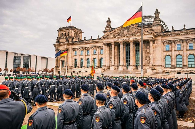 &#8222;Augen rechts&#8220;: Bundeswehr...eim Gelbnis vor dem Reichstagsgebude  | Foto: Michael Kappeler (dpa)