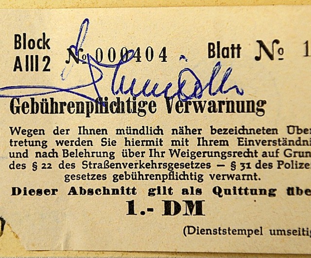 <BZ-FotoAnlauf>Verwarnung:</BZ-FotoAnlauf> Strafzettel von  1962   | Foto: Ingo Schneider