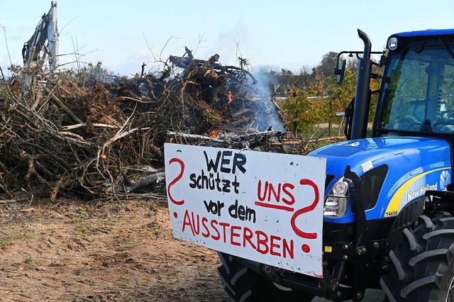 Ein Traktor passiert das Mahnfeuer in Huttingen.  | Foto: Jonas Hirt