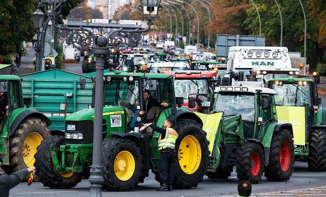 Bauern haben bereits im Oktober in Berlin gegen das Agrarpaket demonstriert.  | Foto: Bernd von Jutrczenka (dpa)