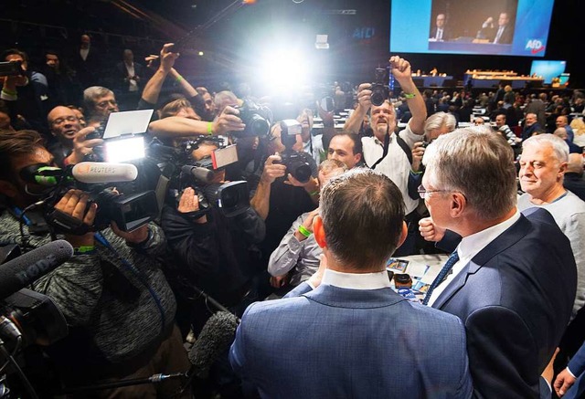 Jrg Meuthen (rechts) und Tino Chrupal...er der AfD am Samstag in Braunschweig.  | Foto: Julian Stratenschulte (dpa)