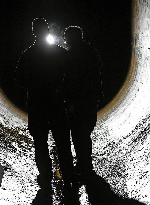 Mitarbeiter der Bodenseewasserversorgu...Muscheln besiedelt ist (rechtes Bild).  | Foto: Patrick Seeger (dpa)