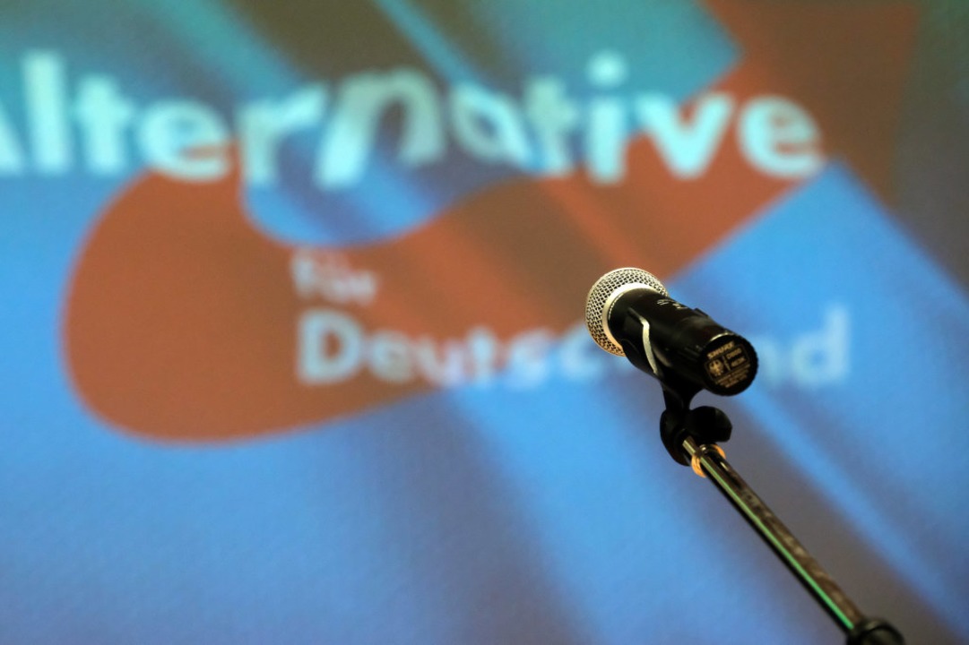 Ein Mikrofon steht beim Landesparteita...AfD auf der Bhne vor dem Partei-Logo.  | Foto: Sebastian Willnow (dpa)