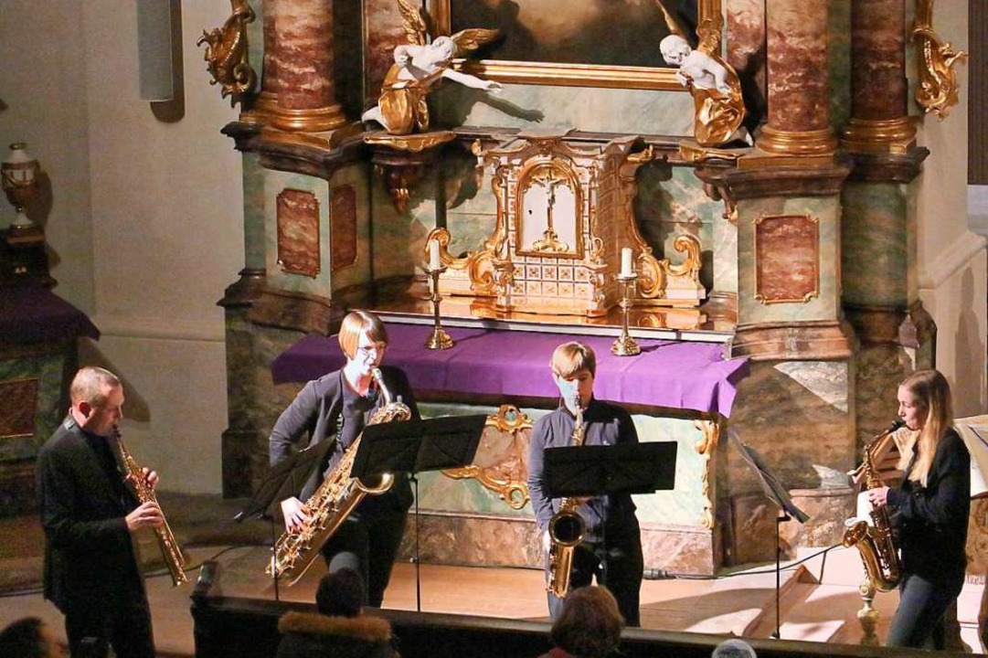 Das Saxophon-Quartett &quot;Just4Sax&q...erskirche mit außergewöhnlichem Spiel.  | Foto: Ruth Seitz