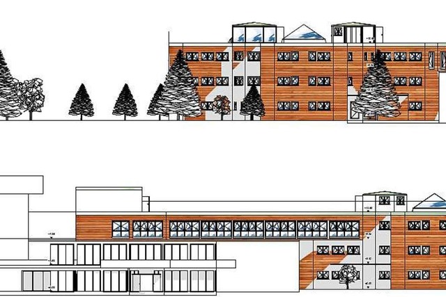 Ansichten des Neubaus von Sden (oben)...zum Gemeinschaftshaus auch gezeichnet.  | Foto: ko-Plan