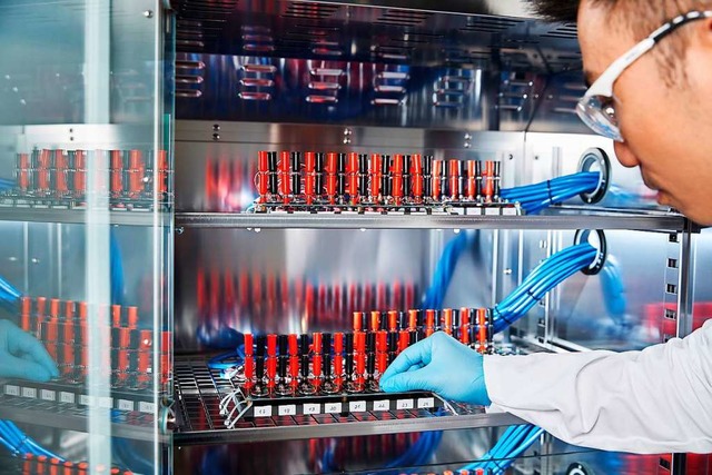 Ein BASF-Wissenschaftler befllt einen...t kleinen Lithium-Ionen-Testbatterien.  | Foto: BASF SE