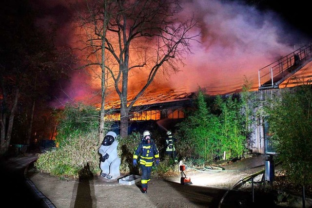 Feuerwehrleute stehen vor dem brennend...jahr sind mehr als 30 Tiere gestorben.  | Foto: Alexander Forstreuter (dpa)