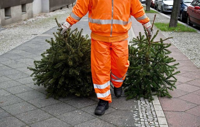 Ein Mitarbeiter der Stadtreinigung entsorgt Weihnachtsbume.  | Foto: Daniel Naupold (dpa)