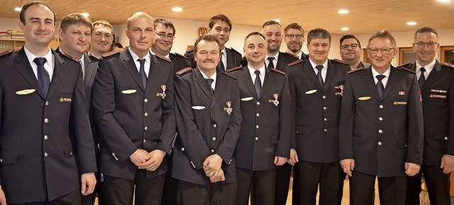Die Geehrten der Feuerwehr mit den Kom... des Kreisbrandmeisters (von links).    | Foto: Nikolaus Bayer