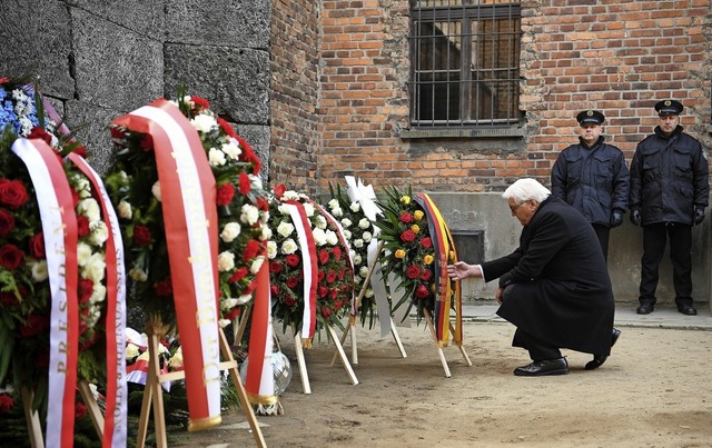 Frank-Walter Steinmeier legt an der Todeswand in Auschwitz einen Kranz nieder.   | Foto: Britta Pedersen (dpa)