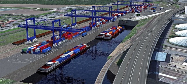Das geplante trimodale Containertermin...ie Zufahrt ins   Hafenbecken verluft.  | Foto: ZVG