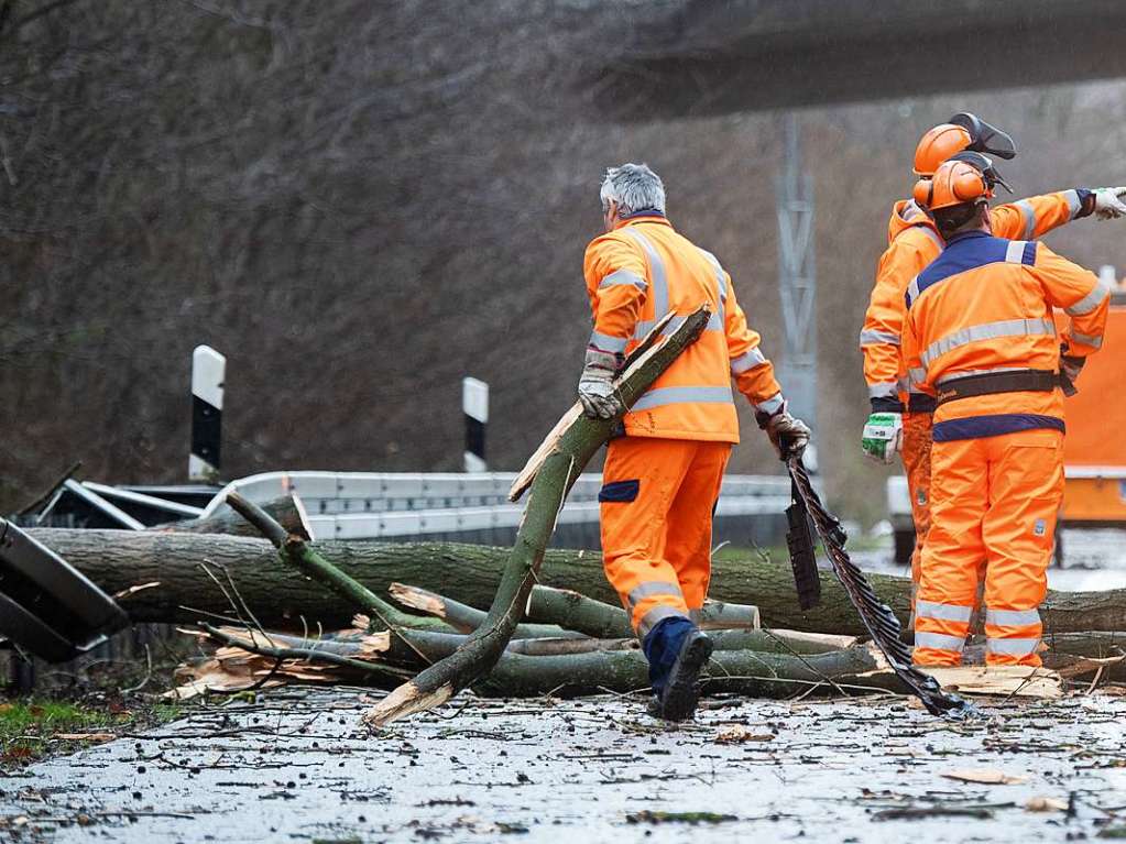 Mitarbeiter der Autobahnmeisterei entfernen beim Sturmtief „Sabine“ umgestrzte Bume auf der Autobahn A7 zwischen Hildesheim und dem Dreieck Salzgitter.