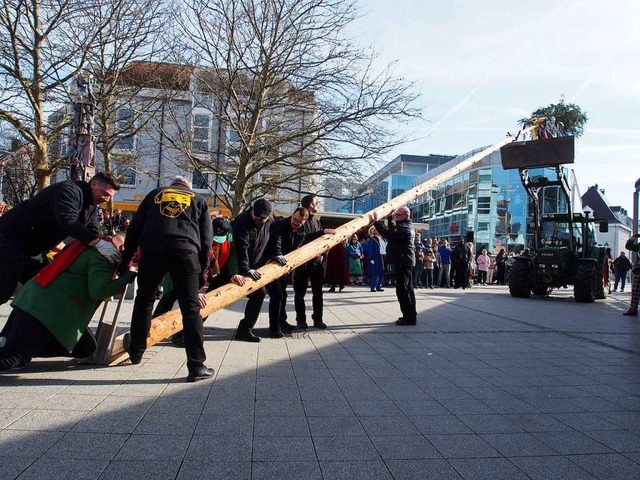 Routiniert stellten die Mnner den Narrenbaum am Oberrheinplatz auf.  | Foto: Boris Burkhardt