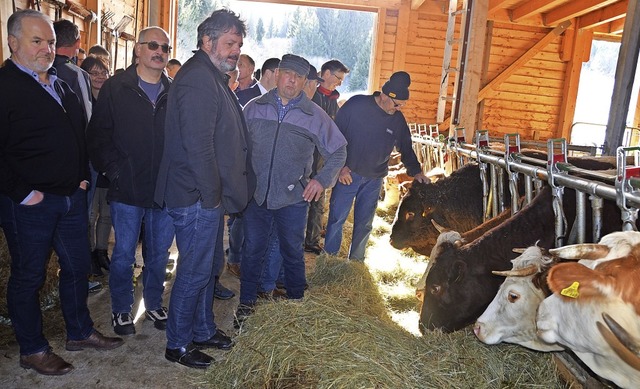Auch Reinhold Pix (Mitte links) zeigte... Rinder in einem Mutterkuhstall hlt.   | Foto: Christiane Sahli