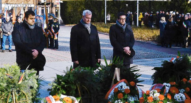 Breisachs Brgermeister Oliver Rein (M...egten in  Oswiecim einen Kranz nieder.  | Foto: Privat