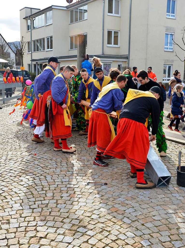 Der Narrenbaum wird auf dem Platz vorm Rathaus in Ballrechten-Dottingen aufgestellt.