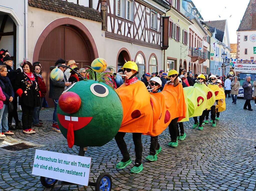 Groer Umzug am Fasnetsmontag in Endingen: Ein Herz fr Wiimiggli in der ganzen Artenschutzdebatte zeigte das Narrennest Schelmgrab.