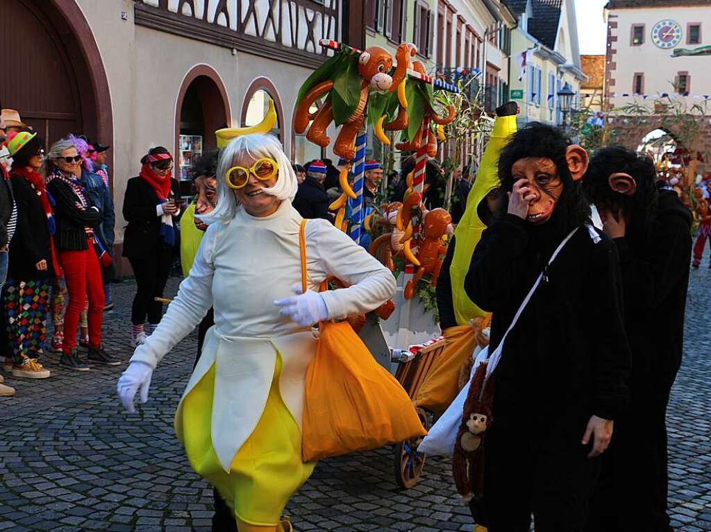 Groer Umzug am Fasnetsmontag in Endingen: „Mir lehn uns nit zum Affe mach“ verkndete das Schitzenscht.