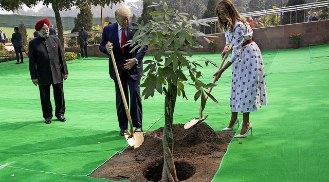 US-Prsident Trump und seine Frau Mela...en Baum. Im Hintergrund Narendra Modi.  | Foto: Alex Brandon (dpa)