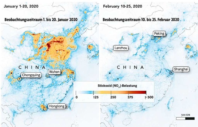 Zumindest ein positiver Effekt: In Chi...fhrt, wie Satellitenaufnahmen zeigen.  | Foto: - (dpa)