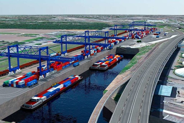 So soll das Containerterminal  einmal ...hts) ffnet sich das neue Hafenbecken.  | Foto: ZVG