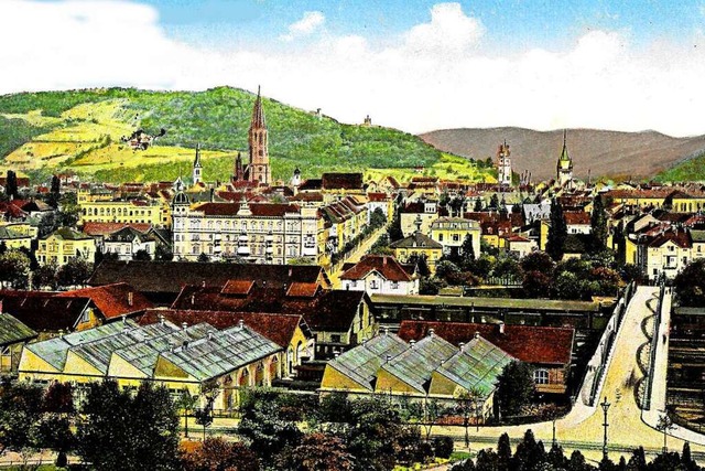 Die kolorierte Postkarte, die wohl auf...dtbahnbrcke gab es damals noch nicht.  | Foto: Archiv Hans Sigmund