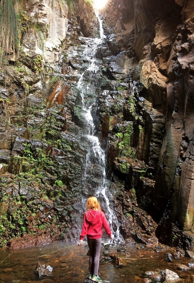Rosa Bruno steht vor einem Wasserfall auf La Gomera.   | Foto: Privat