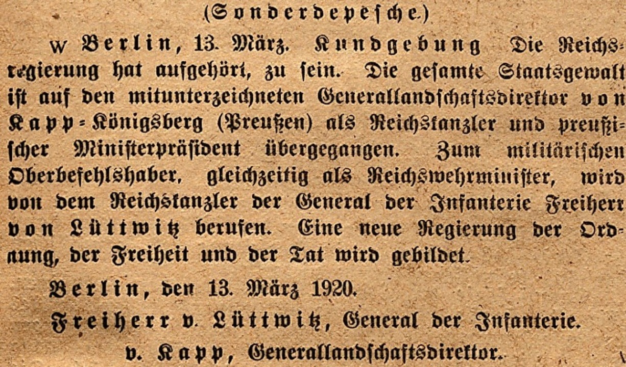 Der KappPutsch und seine Folgen Endingen Badische Zeitung