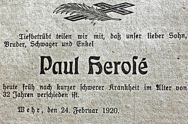 Paul Heros: Einer der Wehrer Toten de...Epidemie in den Jahren 1918 bis 1920.   | Foto: Hansjrg Bader