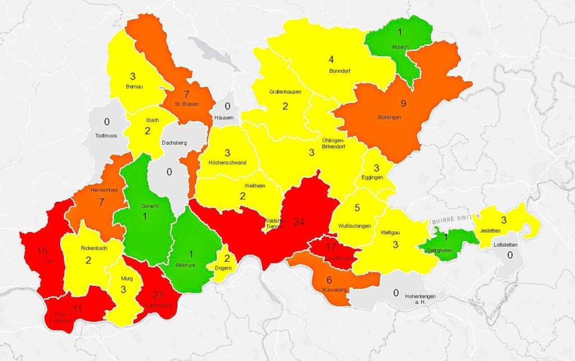 Die Verteilung der Corona-Fälle im Landkreis Waldshut (Stand: 3. April)  | Foto: Landratsamt Waldshut