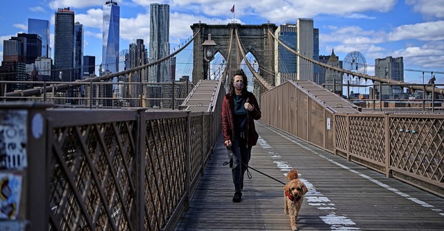 Eine Frau geht mit ihrem Hund ber die...chenleere Brooklyn Bridge in New York.  | Foto: Joel Marklund