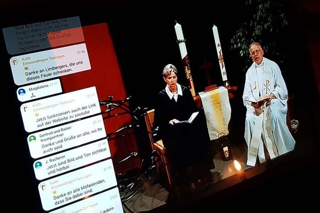 Die evangelische Pfarrerin Irene Leich...Online-Teilnehmer wurden eingeblendet.  | Foto: Gerhard Walser