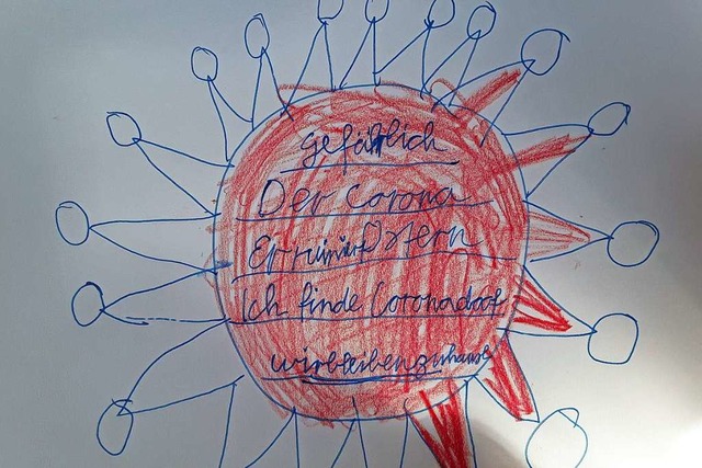 Klara hat ihr Conrona-Gedicht in eine Zeichnung des Corona-Virus geschrieben.  | Foto: Privat