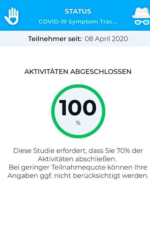 Ein Screenshot aus der Covid-19-Symptom-Tracker-App.  | Foto: Uniklinik Freiburg