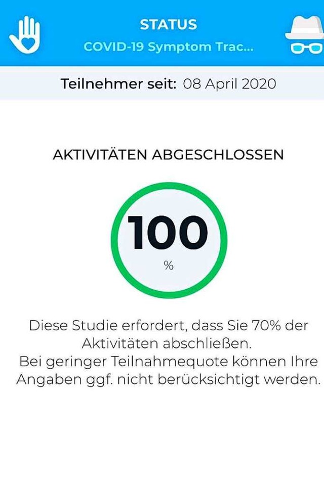 Ein Screenshot aus der Covid-19-Symptom-Tracker-App.  | Foto: Uniklinik Freiburg