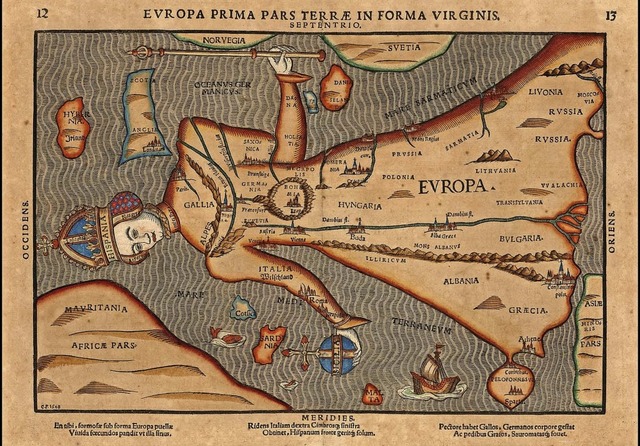 Der Kontinent als jungfruliche Knigi...raph Heinrich Bnting 1582 Europa dar.  | Foto: Wikimedia Commons