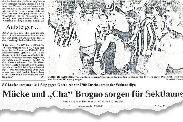 Laufenburger Sektlaune: Gianluca Brogn...en getragen: die BZ vom 9. Juni 1992.   | Foto: bz