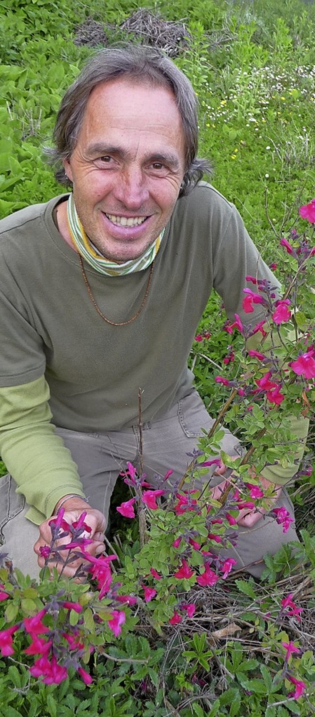 Grtner Fischer mit der Salvia microphylla.  | Foto: Katja Ruhardt