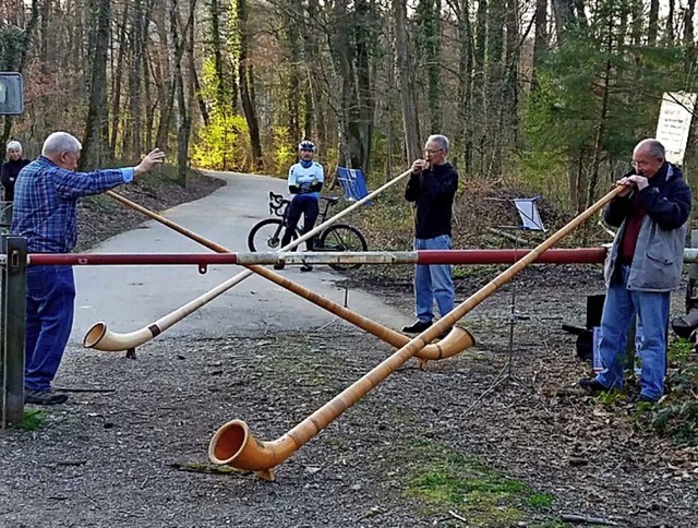 Ein schweizerisch-deutsches Alphorntrio probt am Grenzbaum.  | Foto: privat